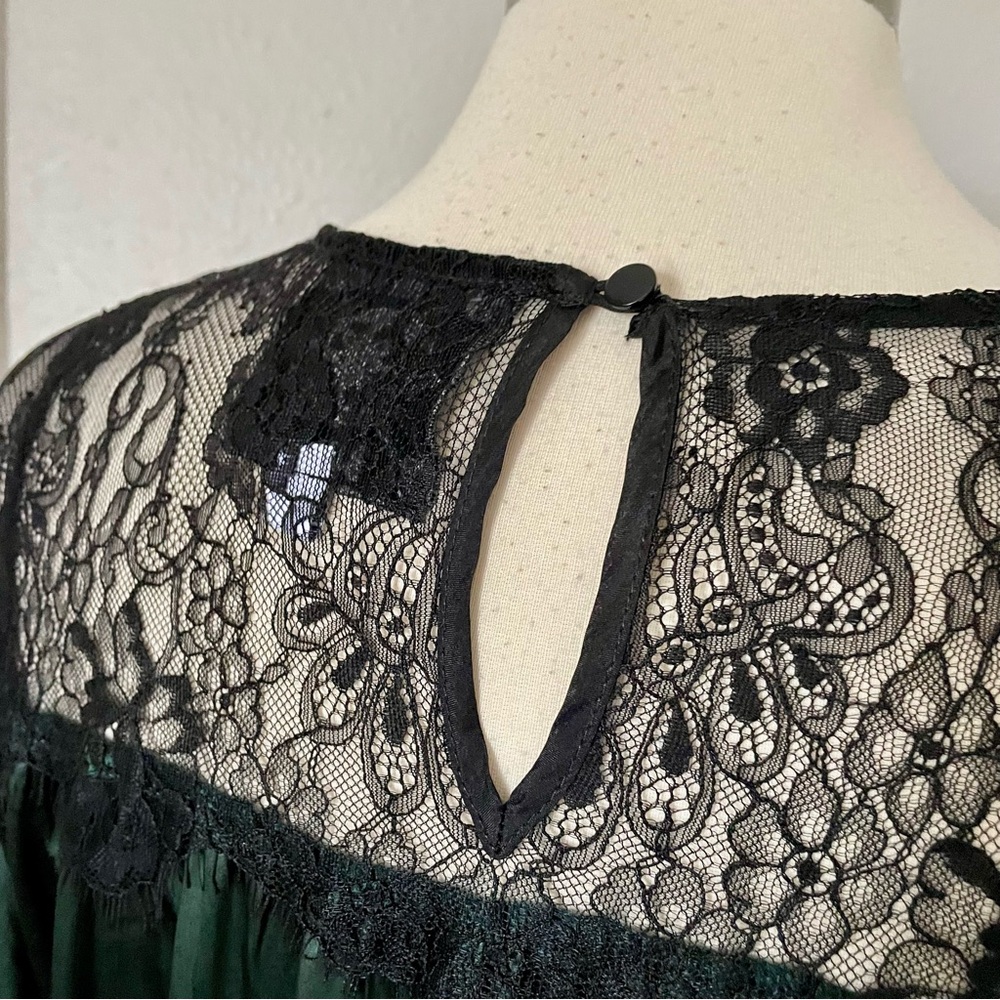 Johnny Was Emerald Green 100% Silk Maxi Dress Black Lace Accents Sz Large Belt - Picture 8 of 15